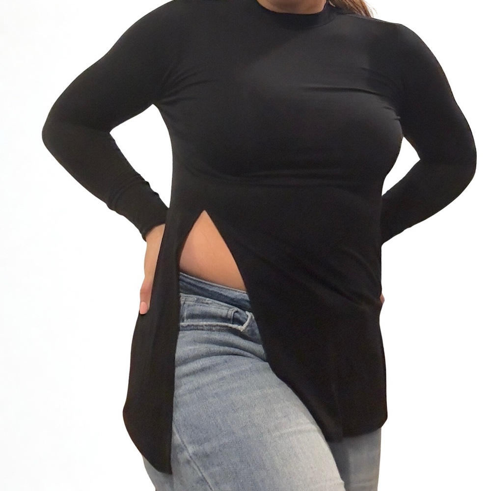 Lulus Black Mock Neck Long Sleeve High Side Slit Tunic Top Medium